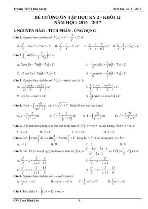Toán 12 - Đề cương ôn tập học kỳ 2 môn Toán 12 - Phan Đình Lộc