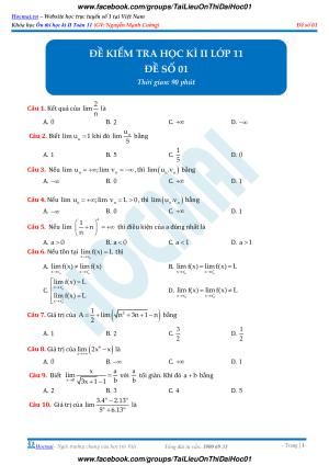 Toán 11 - Đề kiểm tra học kì 2 có đáp án - Đề 1