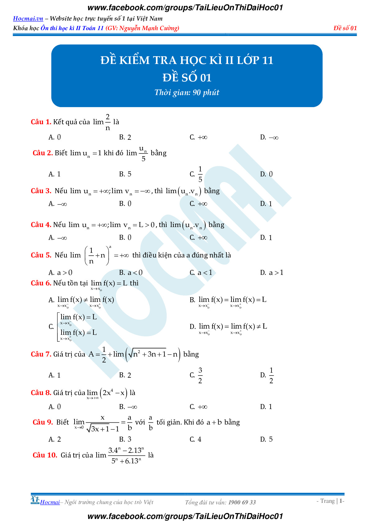 Toán 11 - Đề kiểm tra học kì 2 có đáp án - Đề 1