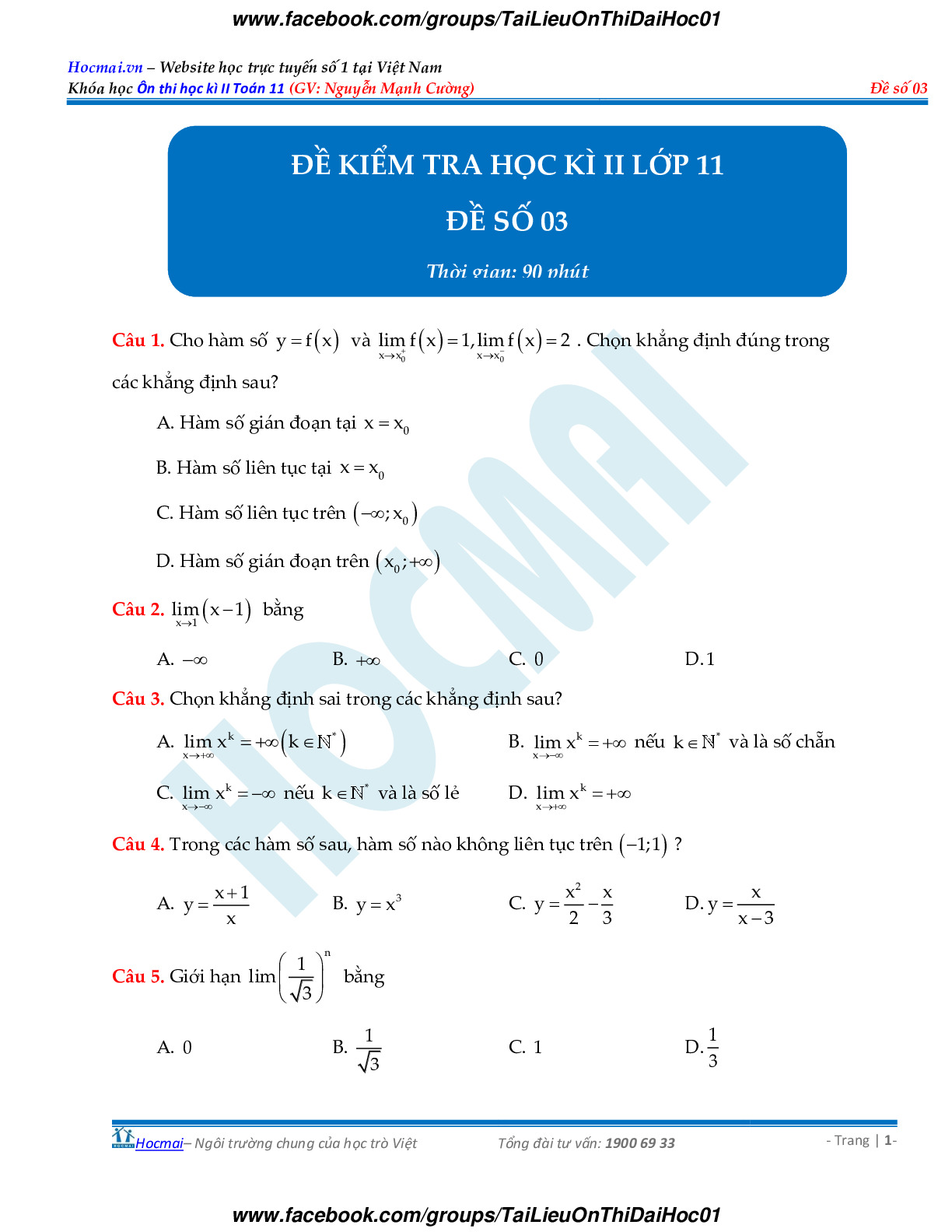 Toán 11 - Đề kiểm tra học kì 2 có đáp án - Đề 3