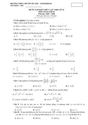 Toán 10 - Đề ôn tập tháng 2 năm 2020 trường THPT chuyên Hà Nội – Amsterdam