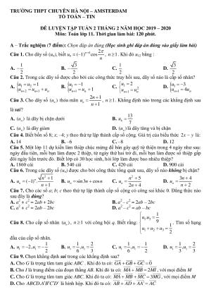 Toán 11 - Đề ôn tập tháng 2 năm 2020 trường THPT chuyên Hà Nội – Amsterdam