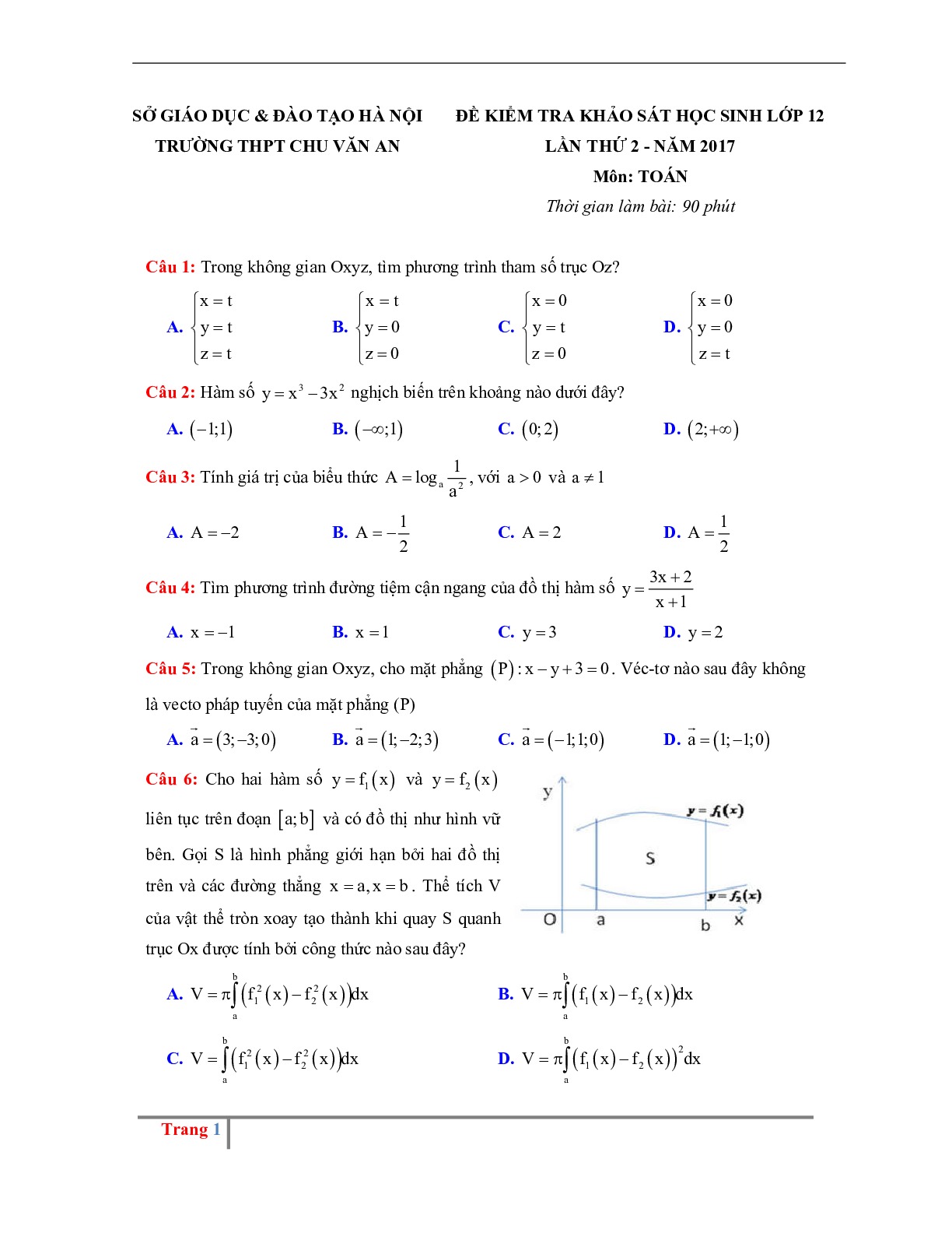 Toán 12 - Đề thi thử THPTQG (có lời giải chi tiết) Chu Văn An Hà Nội lần 2 2017