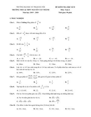 Toán 6 - Đề Kiểm Tra Học kỳ 2 - Trường Nguyễn Tất Thành - Hà Nội năm học 2019 - 2020