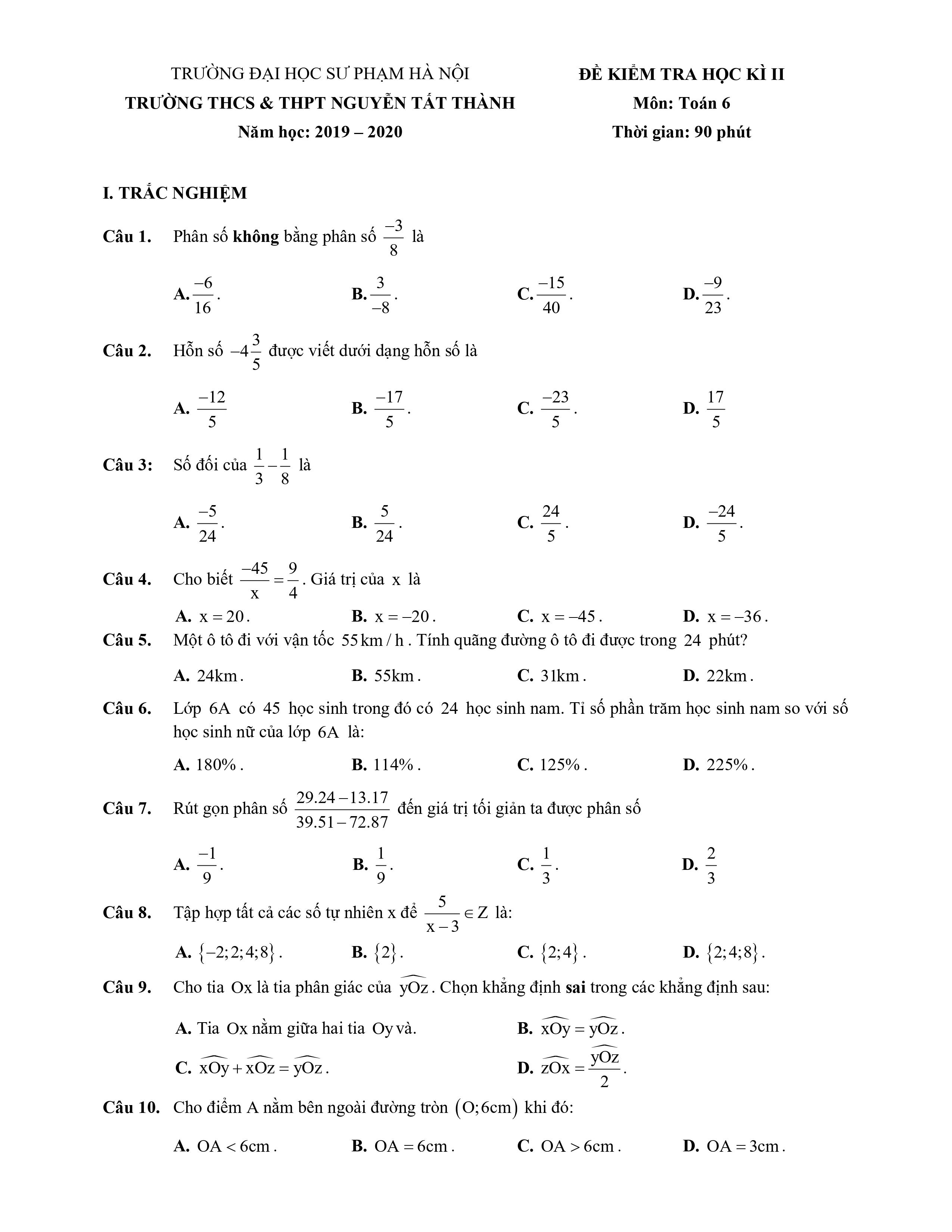 Toán 6 - Đề Kiểm Tra Học kỳ 2 - Trường Nguyễn Tất Thành - Hà Nội năm học 2019 - 2020