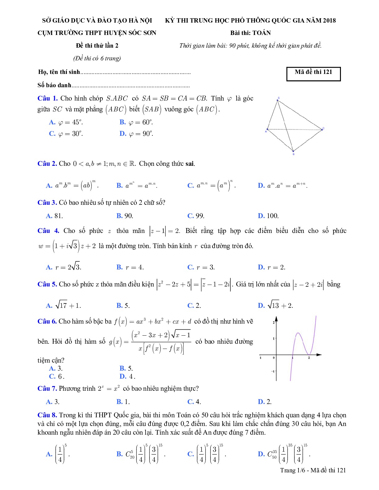 Đề thi thử THPT Quốc gia môn Toán cụm trường THPT Huyện Sóc Sơn năm 2018