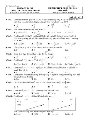 Đáp án đề thi thử Môn Toán THPT Thăng Long Hà nội lần 1 - 2018