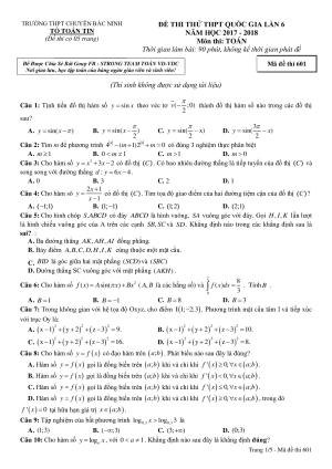 Đề thi thử môn Toán (có đáp án) Chuyên Bắc Ninh lần 6 năm 2018
