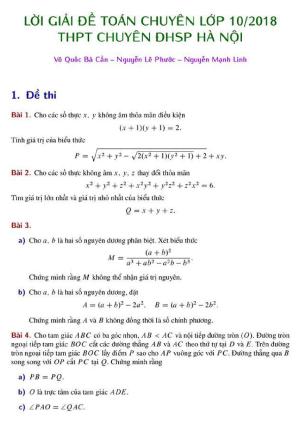 Đề thi và đáp án vào 10 THPT Chuyên sư phạm Hà Nội năm 2018