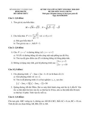Đề thi và đáp án vào 10 môn Toán tỉnh Bình Phước năm 2018 - 2019