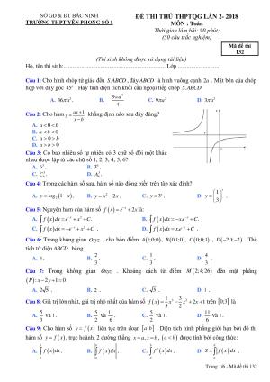 Đề thi thử môn Toán THPTQG Yên Phong Bắc Ninh lần 2 năm 2018