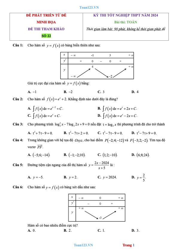 Đề Ôn Thi Tốt Nghiệp Môn Toán Năm 2024 Bám Sát Minh Họa Giải Chi Tiết-Đề 22
