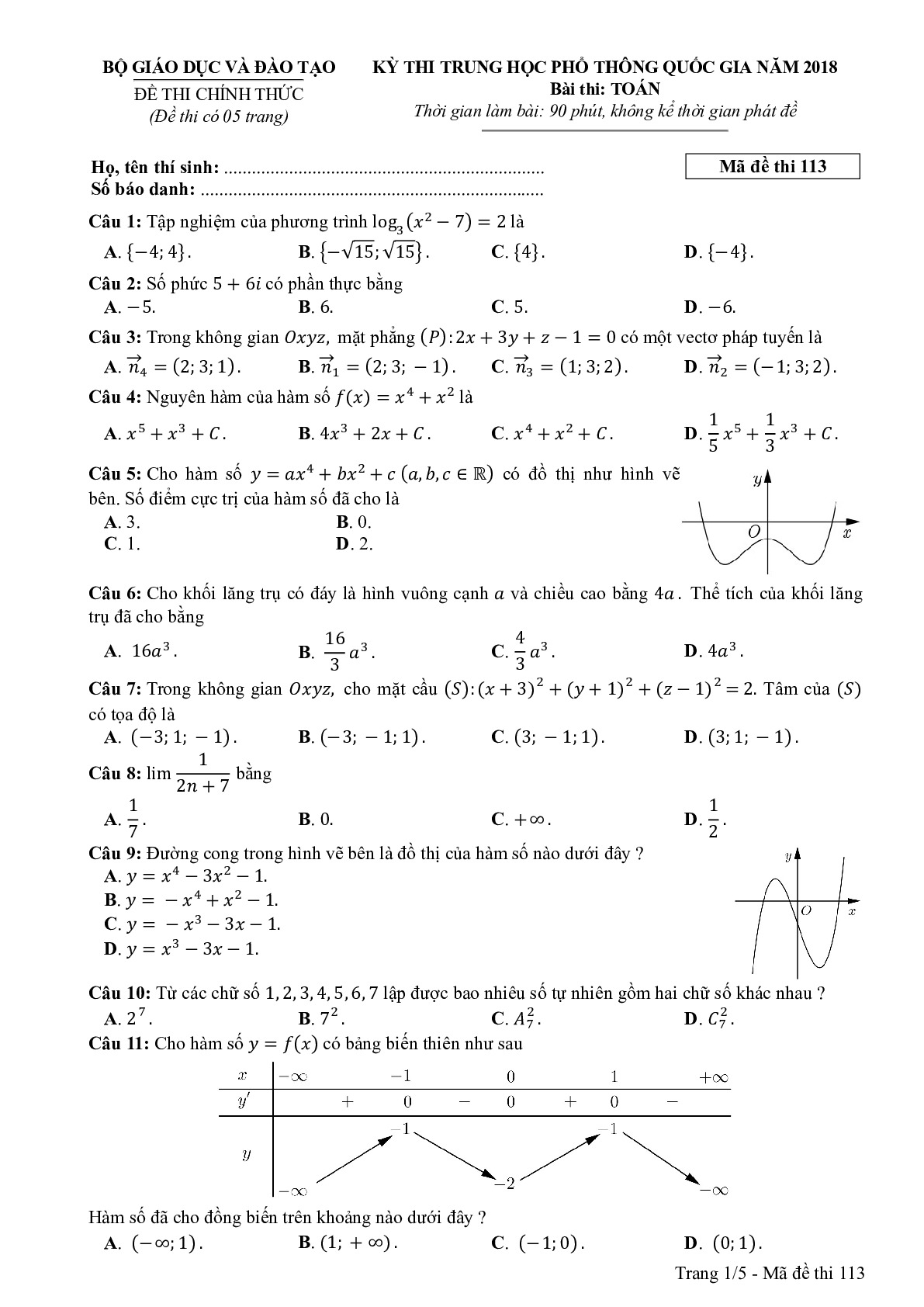 Đề thi THPTQG Môn Toán mã đề 113 năm 2018