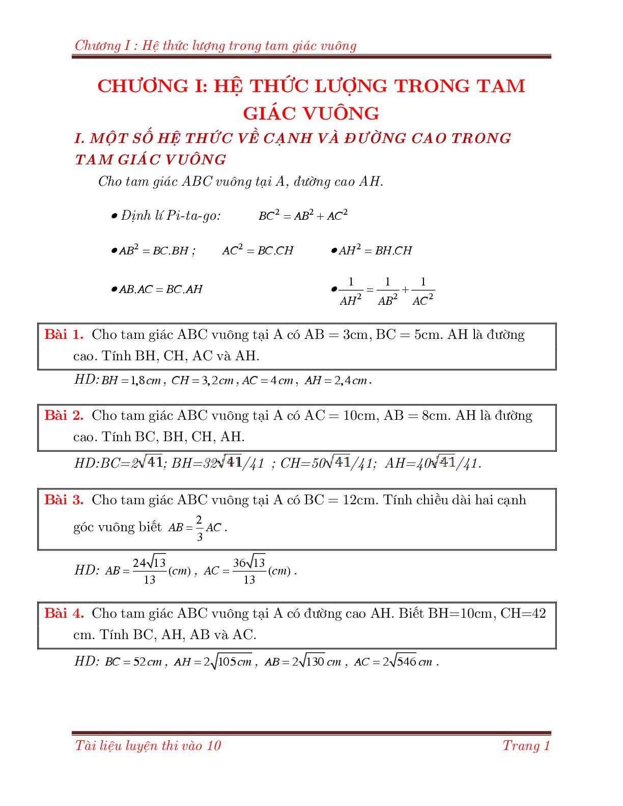 Toán 9 : Hệ thức lượng trong tam giác vuông