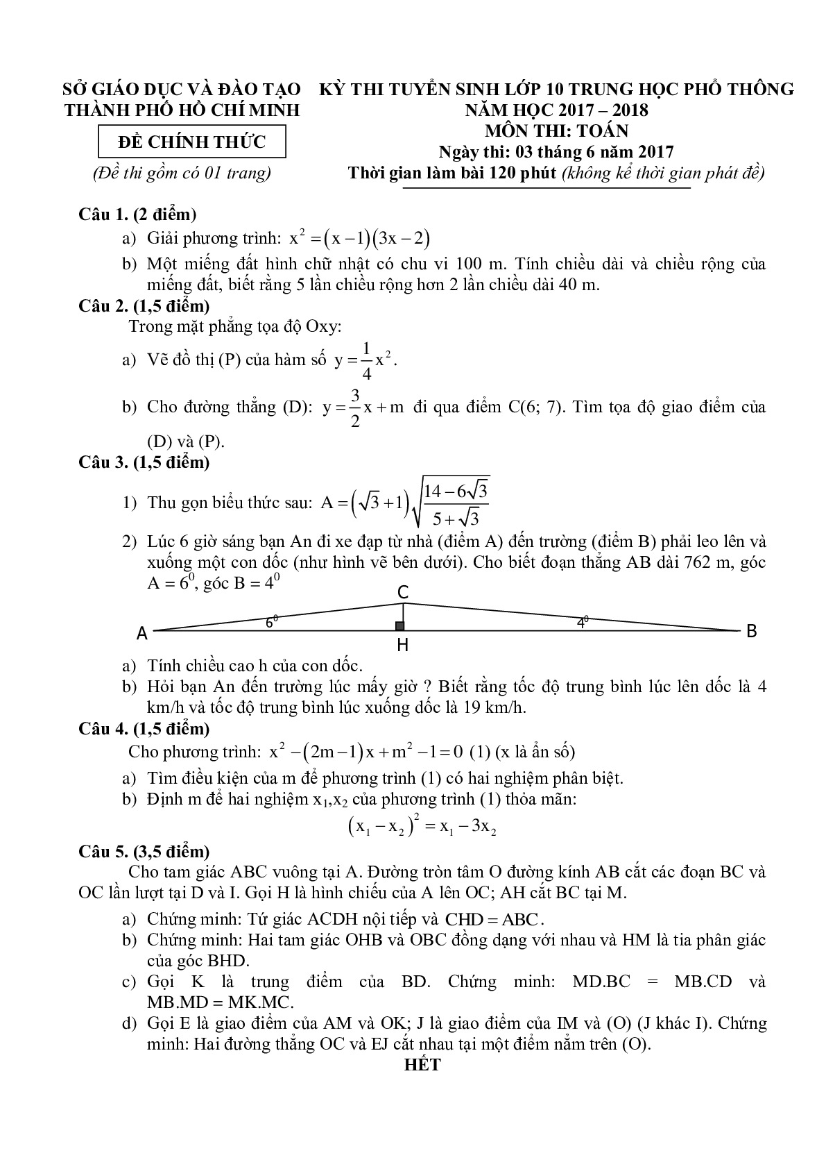 Đề thi và đáp án môn Toán vào 10 TP Hồ Chí Minh năm 2018-2019