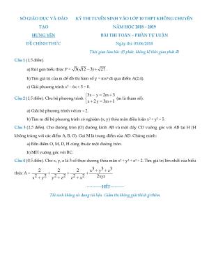 Đề thi và đáp án môn Toán vào 10 tỉnh Hưng Yên năm 2018