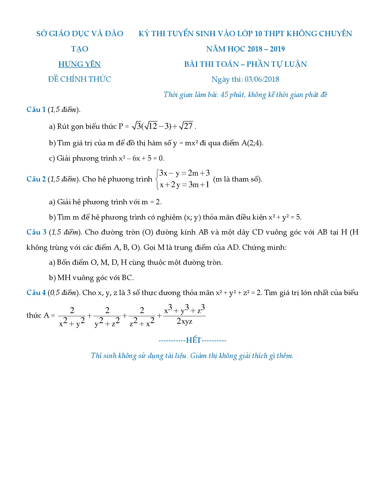 Đề thi và đáp án môn Toán vào 10 tỉnh Hưng Yên năm 2018