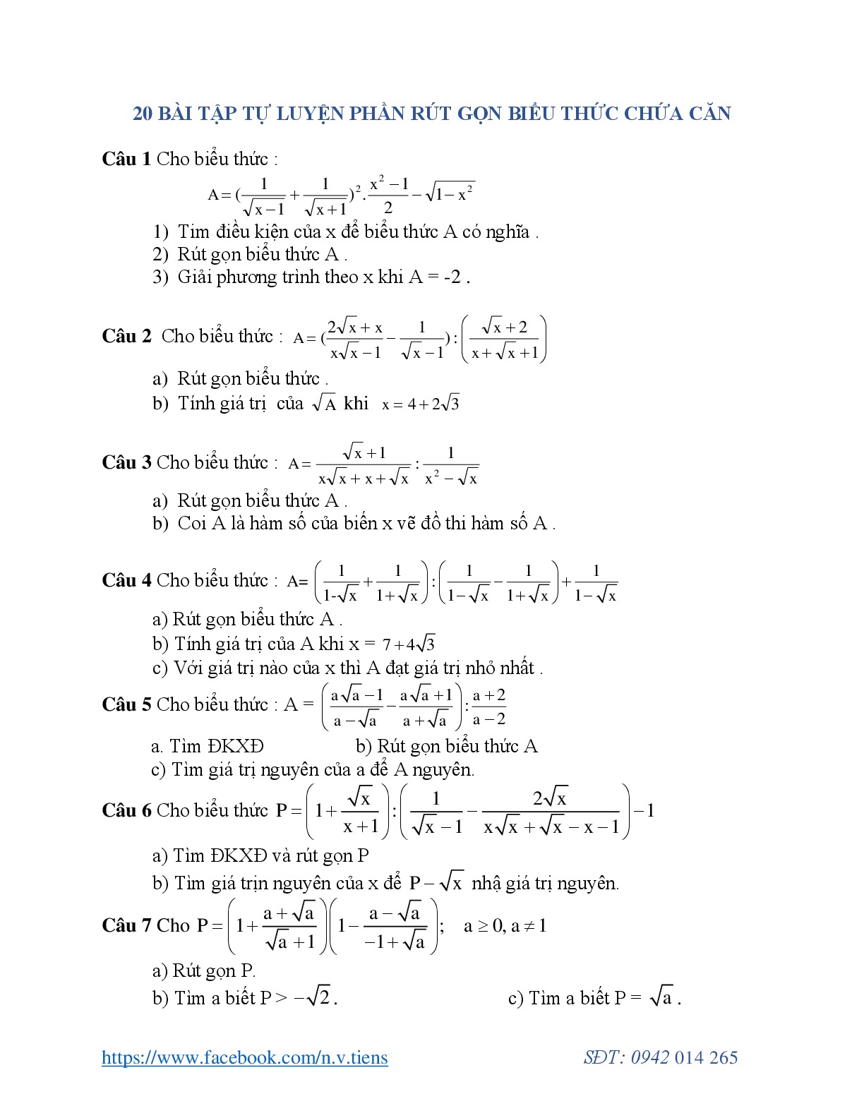 Toán 9: Chuyên đề rút gọn căn thức (20 bài luyện tập)