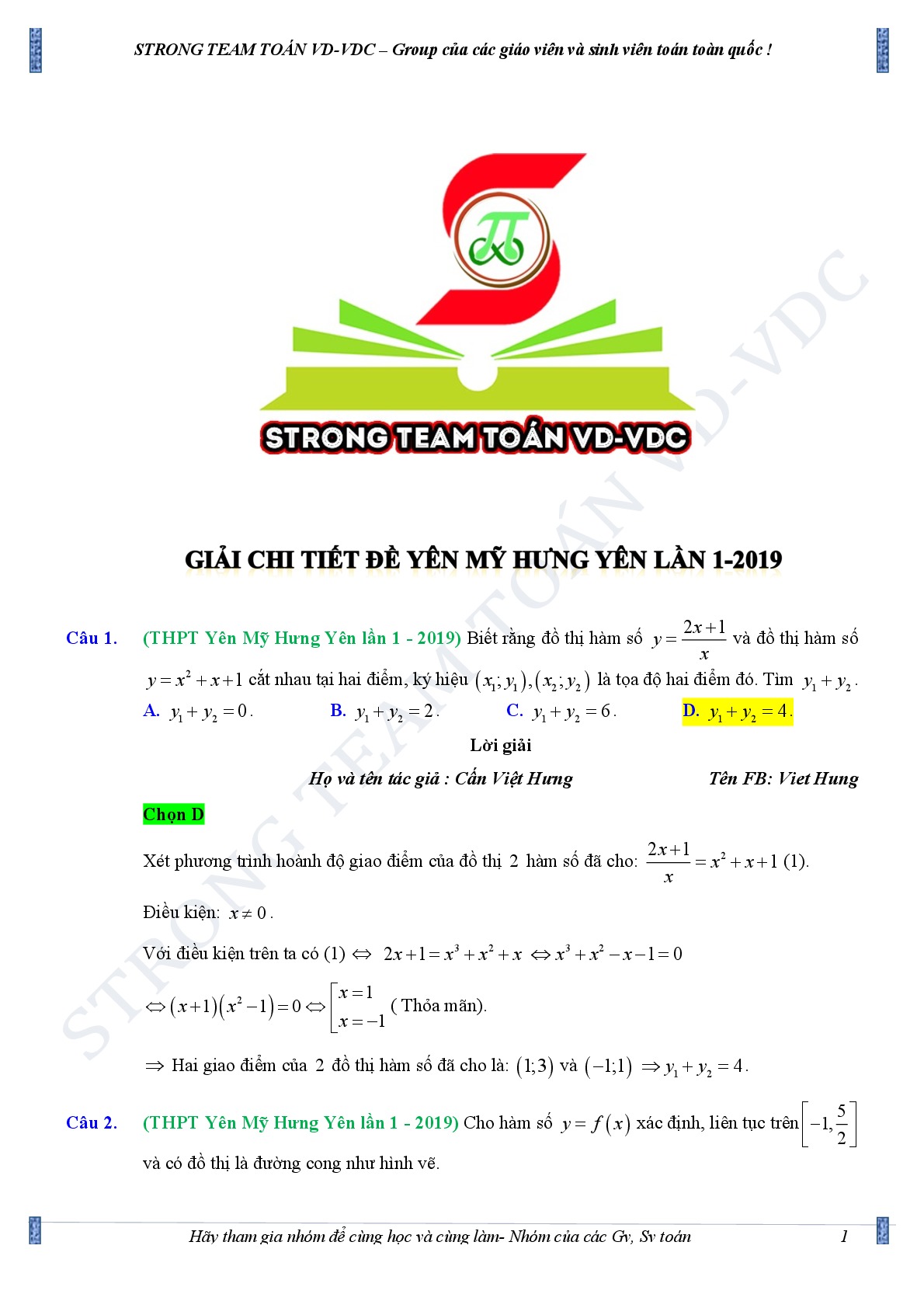 Đáp án (full lời giải chi tiết) đề thi thử THPTQG môn toán Yên Mỹ - Hưng Yên lần 1 năm 2018 -2019