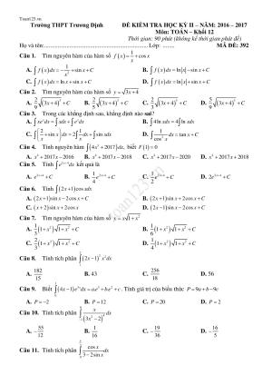 Đề thi học kì 2 môn Toán lớp 12 trường THPT Trương Định -  Hà Nội 2016 - 2017