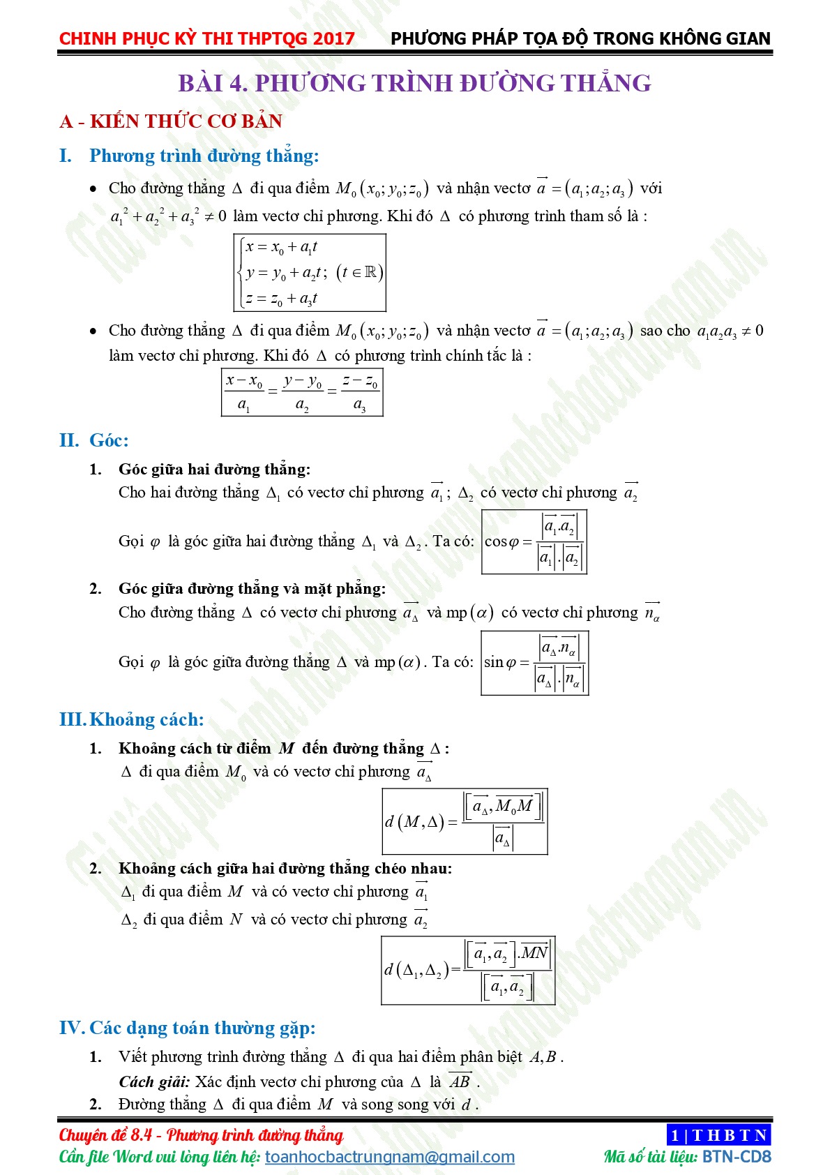 Toán 12: Chuyên đề phương trình đường thẳng trong không gian (full đáp án) - Luyện thi đại học