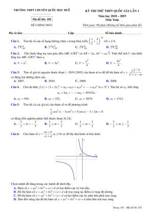 Toán 12: Đề thi thử THPTQG Chuyên Quốc học Huế lần 1 năm 2018-2019 full đáp án