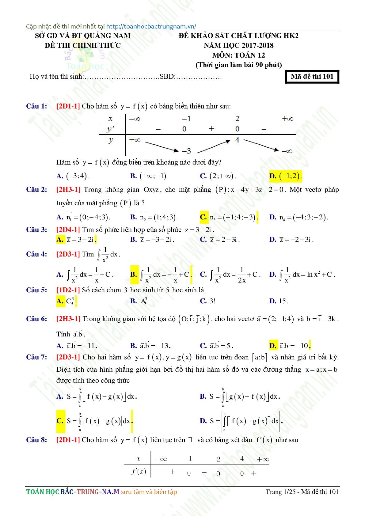 Sở GD & ĐT Quảng Nam : Đề khảo sát chất lượng học kì 2 năm học 2017-2018 đề chính thức mã đề 101