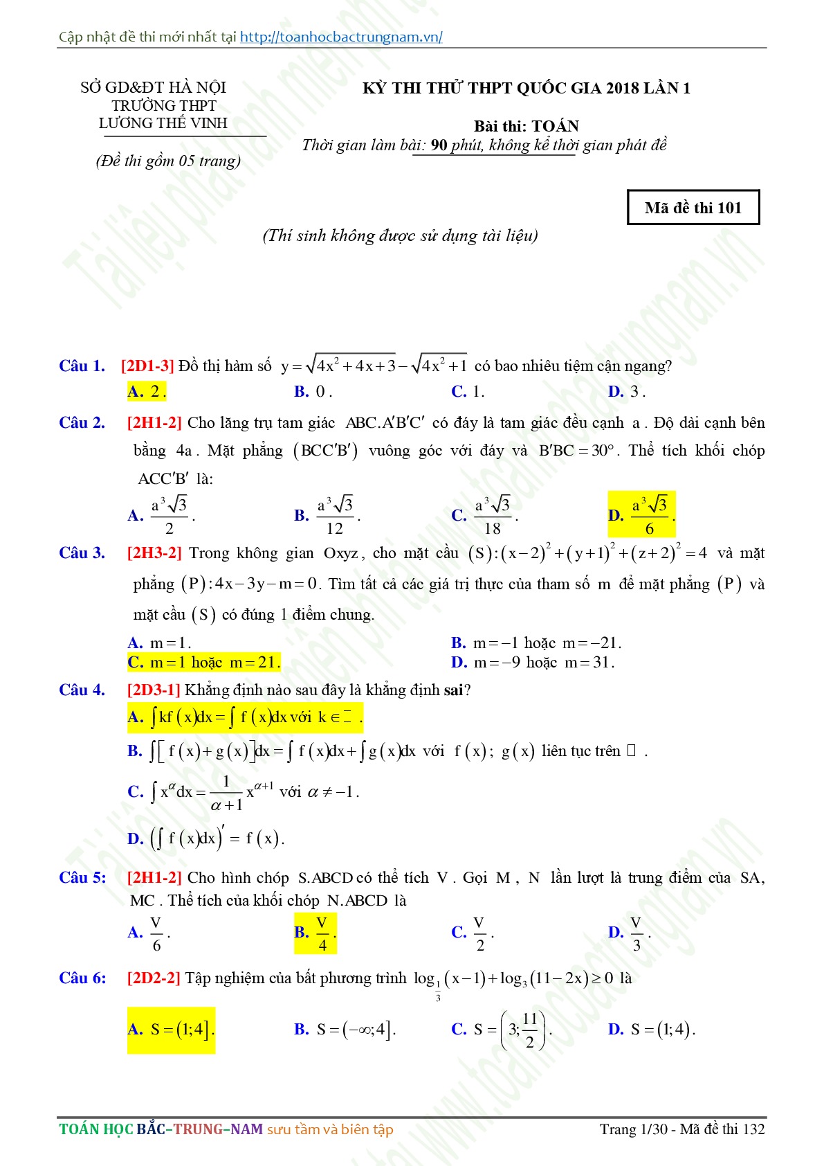 Đề thi thử lần 1 năm học 2017-2018 Trường THPT Lương Thế Vinh Hà Nội mã đề 101