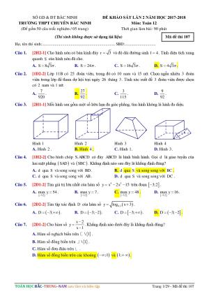 Đề khảo sát lần 2 năm học 2017-2018 Trường THPT Chuyên Bắc Ninh mã đề 107