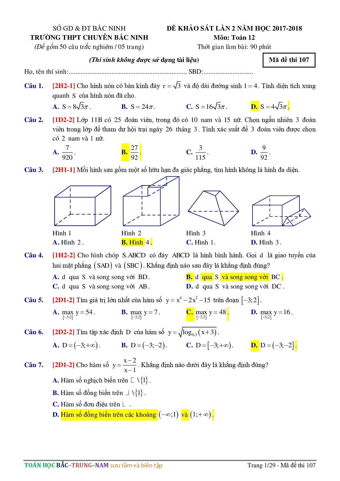 Đề khảo sát lần 2 năm học 2017-2018 Trường THPT Chuyên Bắc Ninh mã đề 107