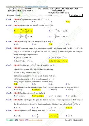 Đề thi thử THPHQG năm 2017-2018 Trường THPT Kinh Môn 2 - Hải Dương mã đề 132