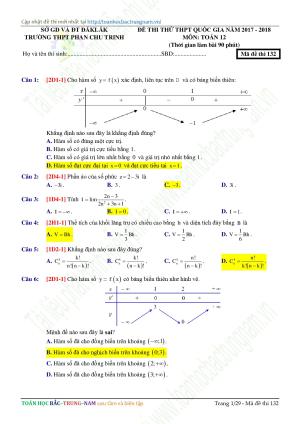 Đề thi thử lần 2 THPHQG năm 2017-2018 Trường THPT Phan Chu Trinh - ĐăK LăK mã để 132