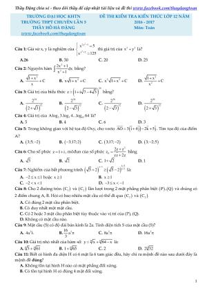 Đề thi  đại học và đáp án môn Toán - Chuyên KHTN - lần 5