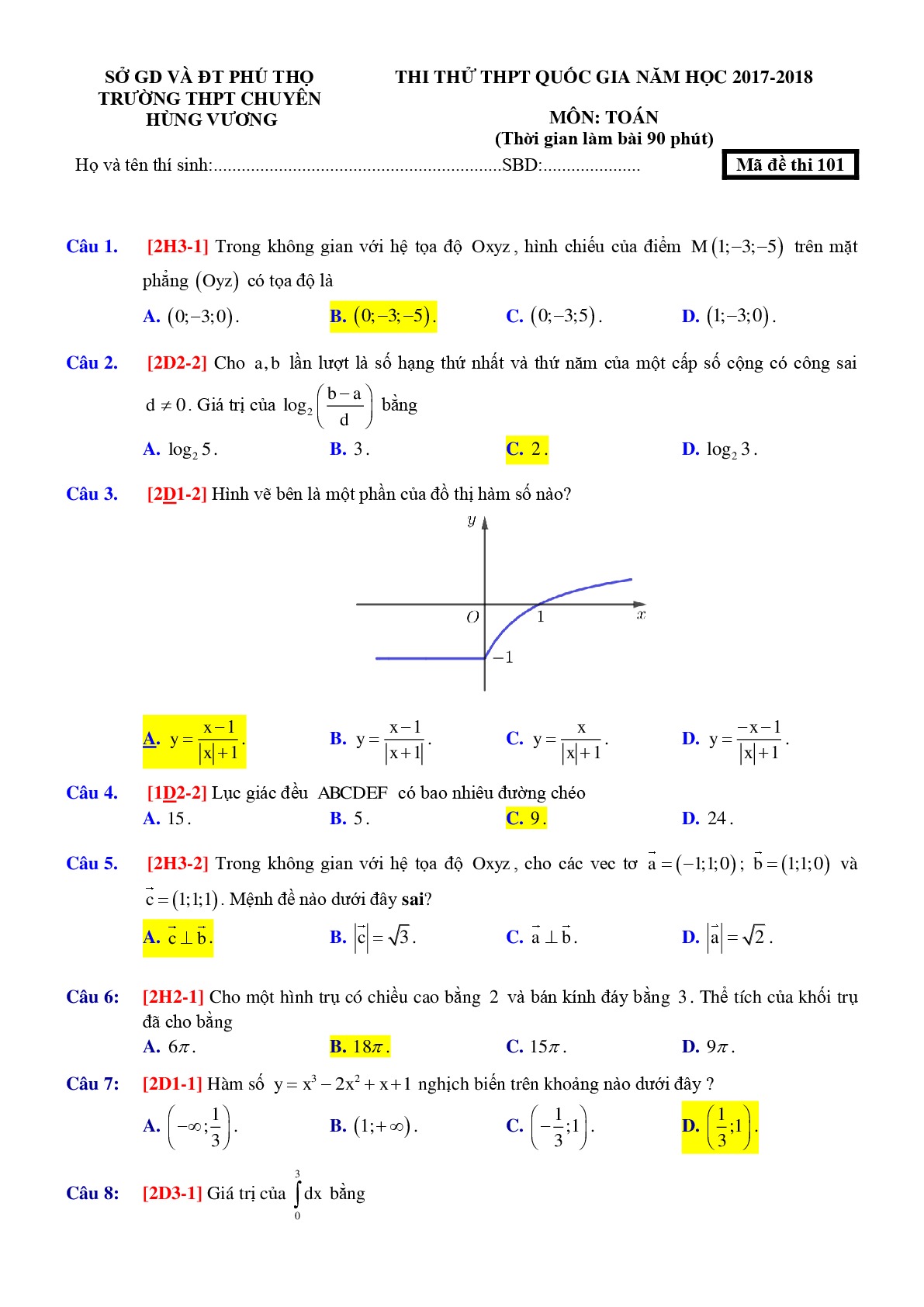 Đề 7: Đề thi thử THPTQG môn Toán năm 2018 Môn Toán THPT Chuyên Hùng Vương - Phú Thọ lần 1 mã đề 101
