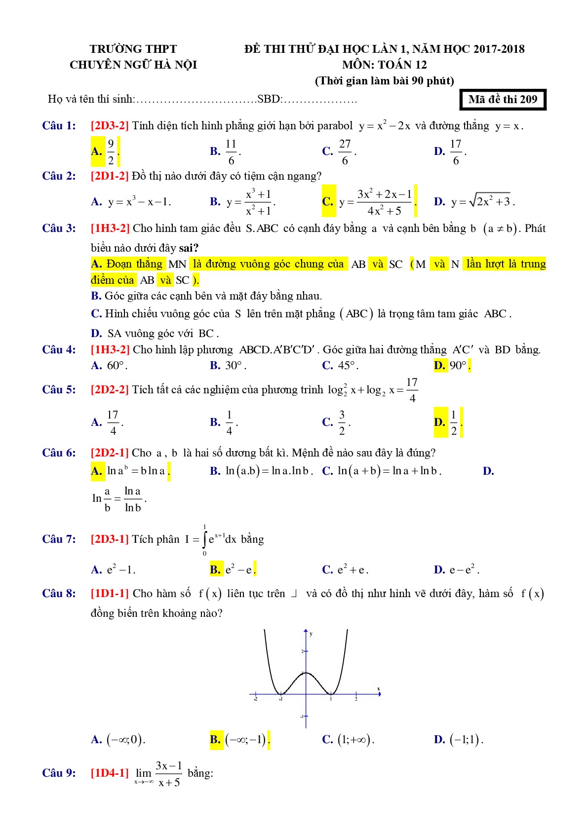 Đề 11: Đề thi thử THPTQG môn Toán năm 2018 Môn Toán THPT Chuyên Ngữ - Hà Nội lần 1 mã đề 209