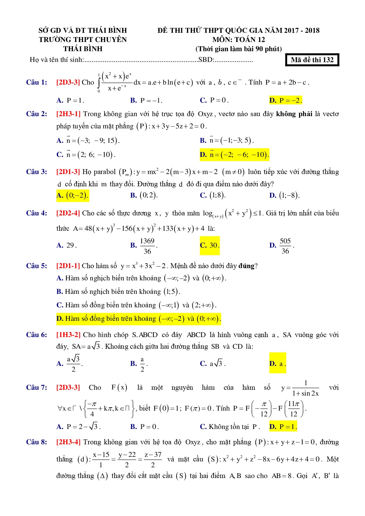 Đề 13: Đề thi thử THPTQG môn Toán năm 2018 Môn Toán THPT Chuyên Thái Bình  - Thái Bình lần 1 mã đề 132