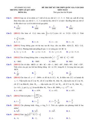 Đề 4: Đề thi thử THPTQG môn Toán năm 2018 Môn Toán Trường THPT Lê Quý Đôn - Đống Đa  - Hà Nội