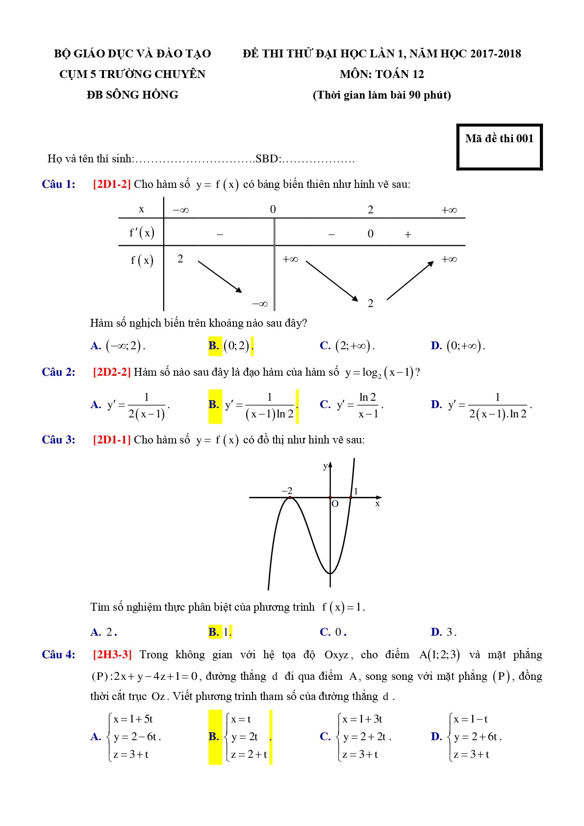 Đề 13: Đề thi thử THPTQG môn Toán năm 2018 Môn Toán  Cụm 5 Trường THPT Chuyên ĐB Sông Hồng mã đề 001