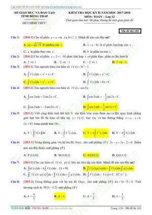 Đề 5: Đề thi học kì II  môn Toán năm 2018 Môn Toán Sở GD & ĐT Tỉnh Đồng Tháp mã đề 183