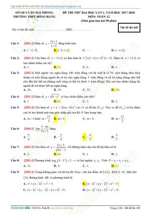 Đề 6: Đề thi thử THPTQG môn Toán năm 2018 Môn Toán Trường THPT Hồng Bàng - Hải Phòng lần 1 mã đề 445