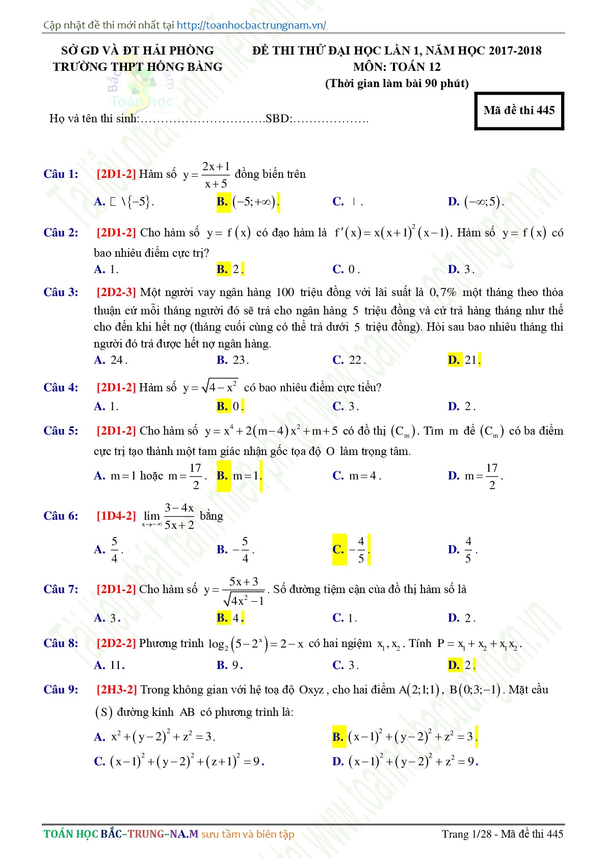 Đề 6: Đề thi thử THPTQG môn Toán năm 2018 Môn Toán Trường THPT Hồng Bàng - Hải Phòng lần 1 mã đề 445