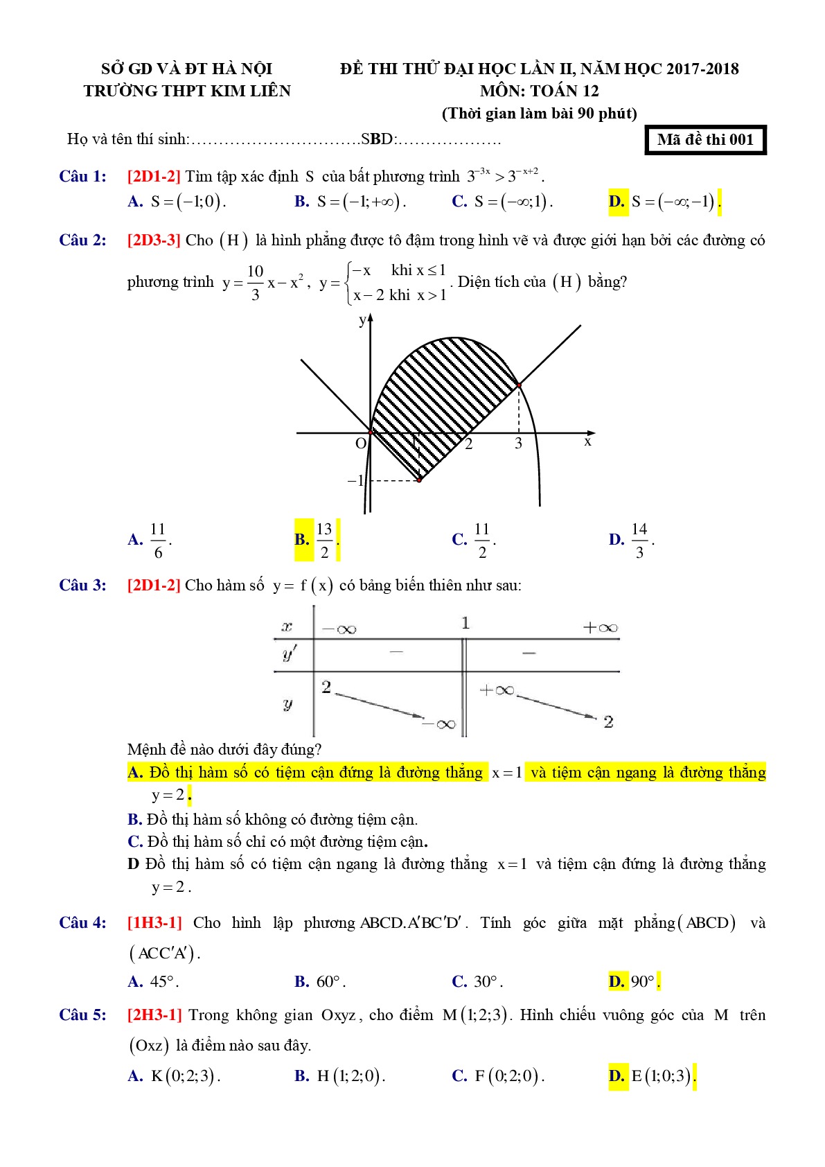 Đề 8: Đề thi thử THPTQG môn Toán năm 2018 Môn Toán Trường THPT Kim Liên - Hà Nội lần 2 mã đề 001