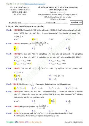 Đề 9: Đề thi thử THPTQG môn Toán năm 2018 Môn Toán Trường THPT Chuyên Lê Thế Vinh - Đồng Nai lần 2 mã đề 746