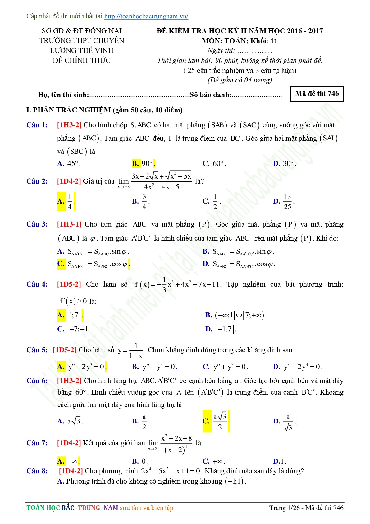 Đề 9: Đề thi thử THPTQG môn Toán năm 2018 Môn Toán Trường THPT Chuyên Lê Thế Vinh - Đồng Nai lần 2 mã đề 746