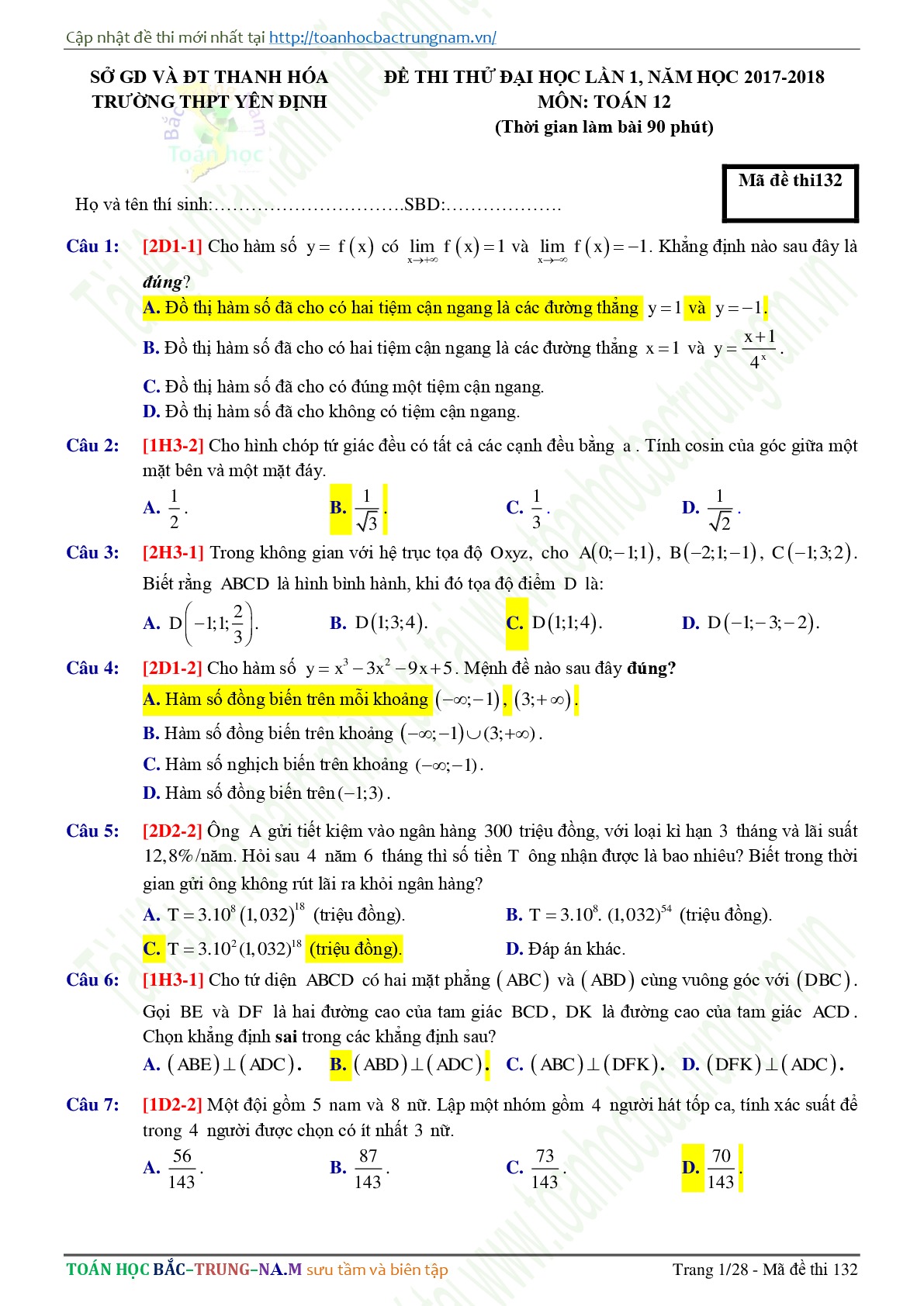 Đề 13: Đề thi thử THPTQG môn Toán năm 2018 Môn Toán Trường THPT Yên Dịnh - Thanh Hóa lần 1 mã 132