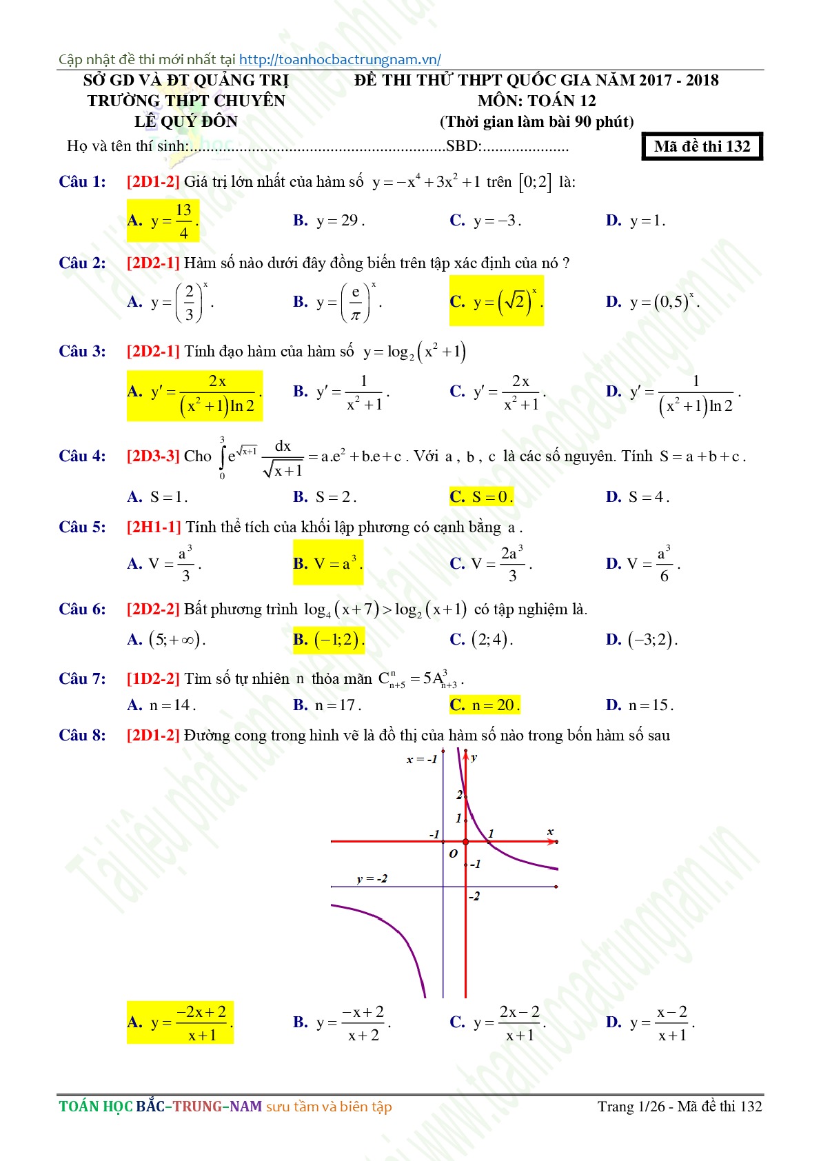 Đề 15: Đề thi thử THPTQG môn Toán năm 2018 Môn Toán Trường THPT Lê Quý Đôn - Quảng Trị lần 1 mã 132