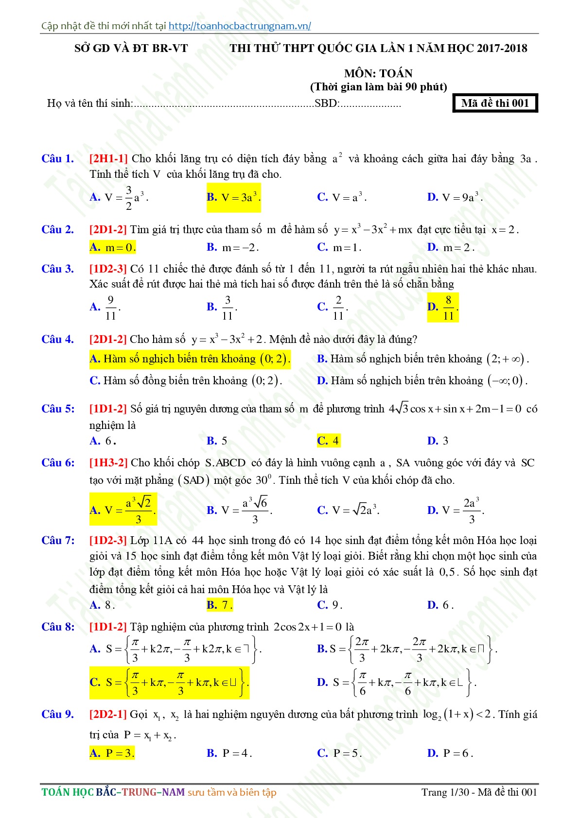 Đề 5: Đề thi thử THPTQG môn Toán năm 2018 Môn Toán Sở GD & ĐT BR-VT lần 1 mã đề 001