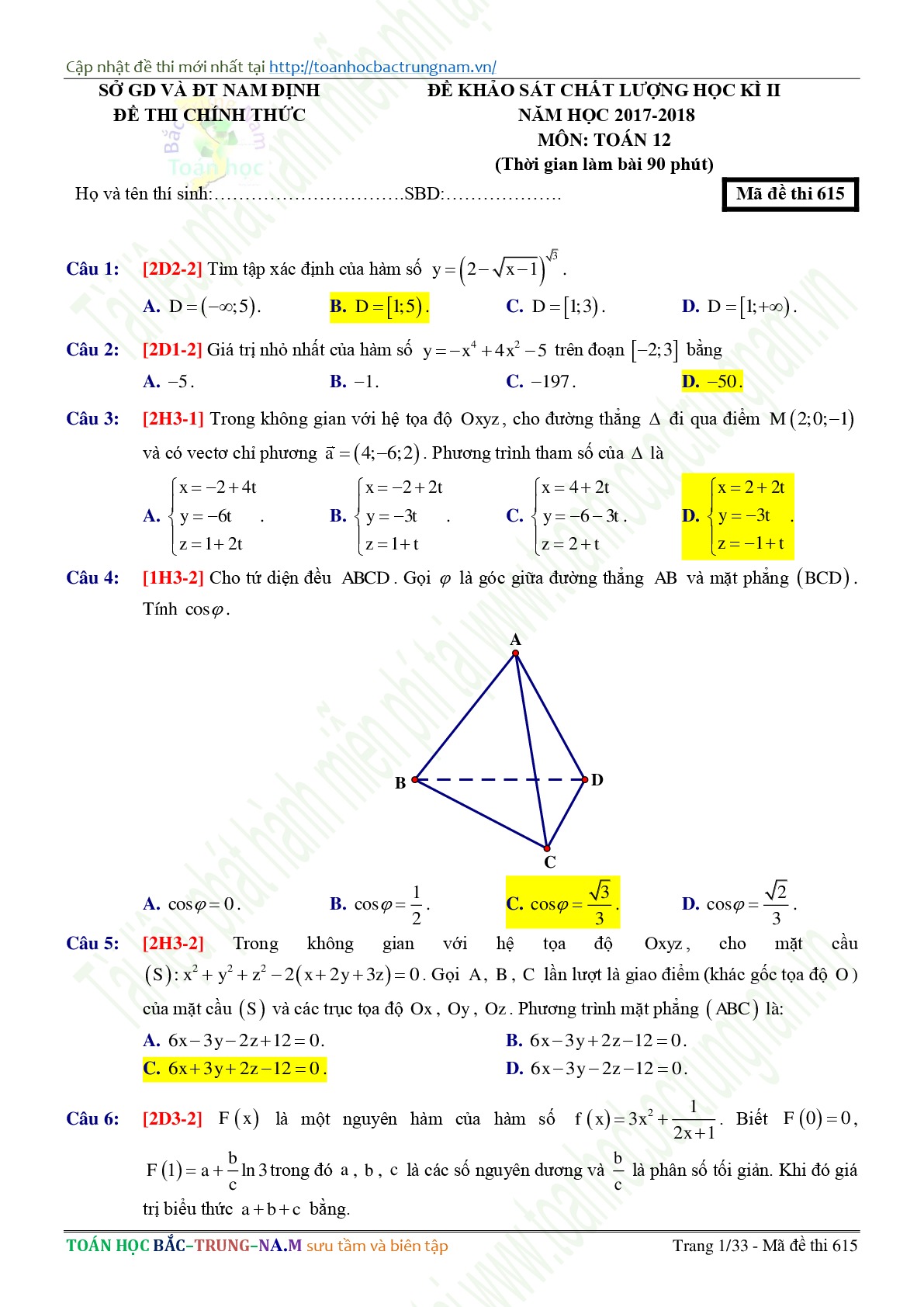 Đề 6: Đề thi thử THPTQG môn Toán năm 2018 Môn Toán Sở GD & ĐT Nam Định lần 2 mã đề 615