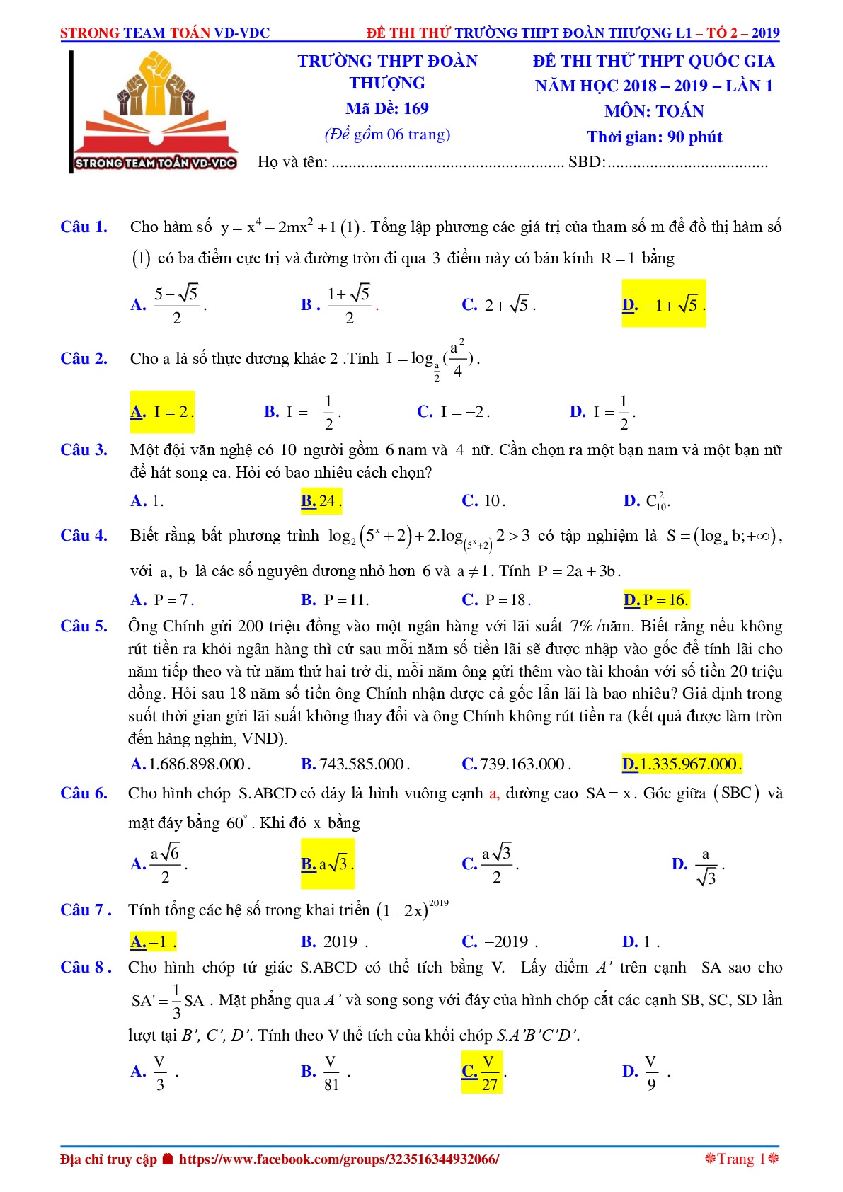 Đề 12: Đề thi thử THPTQG môn Toán năm 2018-2019 Môn Toán Trường THPT Đoàn Thượng lần 1 năm 2018-2019 mã đề 169