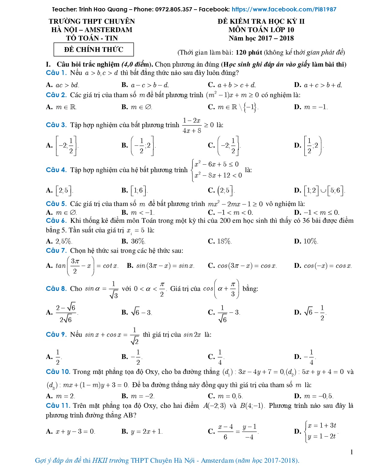 Đề thi HK 2 môn Toán 10 năm 2017-2018 trường THPT Chuyên Hà Nội - Amsterdam